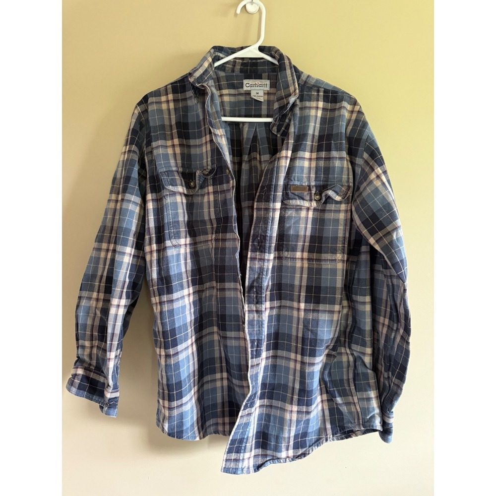 Carhartt Mens Blue Plaid Flannel Long Sleeve Button Down Work Shirt Size Medium